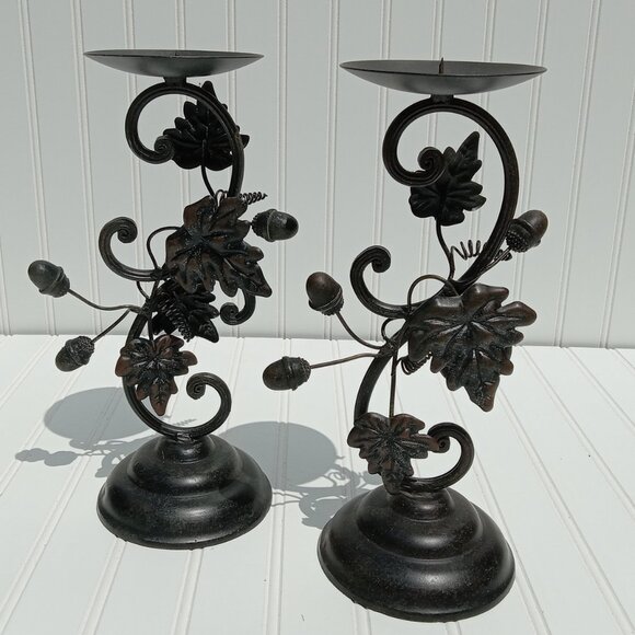 Metal Bronze Acorn Grape Leaf Candlestick Pair Pillar Candle Holder Thanksgiving - Picture 1 of 16